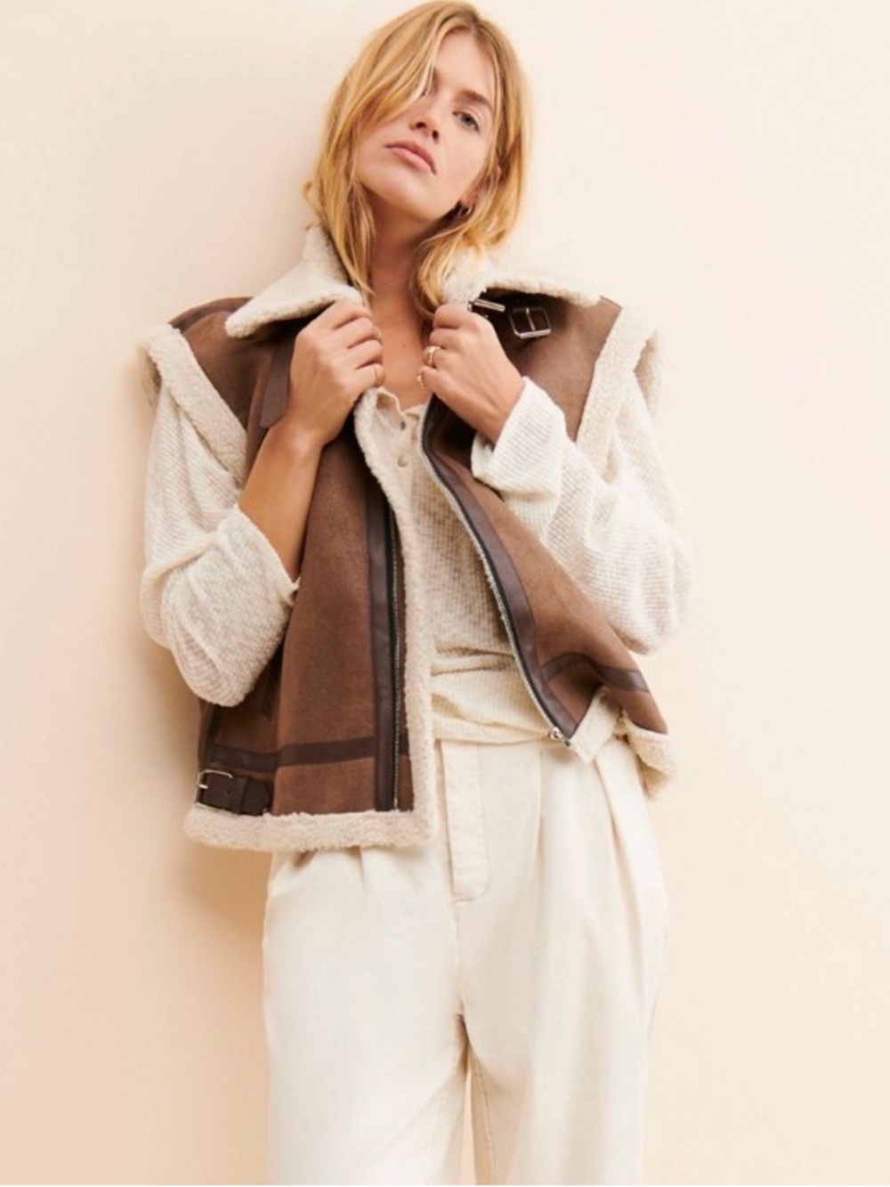 Moon River x Anthropologie Shearling-Trim Brown Suede Vest Sz M